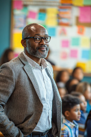 Experienced African American Male Teacher Leading Classroom Discussion with Smiling Expression and Authoritative Presenceの素材