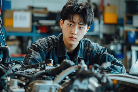 Portrait of a Focused and Determined Young Korean Man Repairing or Maintaining Machinery and Equipment in an Industrial Workshop or Garage Settingの素材