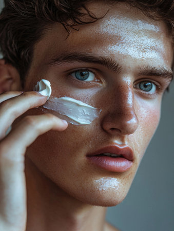 A close up portrait of a pensive thoughtful young man with rich moisturized skin photographed in dramatic studio lighting  The subject s intense gaze and elegantの素材