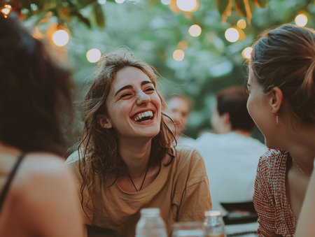 A group of young friends laughing and enjoying a vibrant outdoor social gathering party or in a casual informal setting with a positive joyful atmosphereの素材