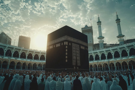 Thousands of Muslim pilgrims performing the ritual of Tawaf circling the sacred Kaaba structure at the Masjid al Haram mosque in Mecca Saudi Arabiaの素材