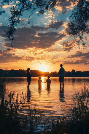 A family silhouetted against the dramatic sky scattering ashes over the calm reflective waters of a serene lake at sunsetの素材