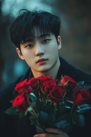 Handsome pensive young Asian man holding a bouquet of lush red roses in a moody atmospheric portrait shot  The dramatic lighting and dark background create a romantic conceptual feel to the imageの素材