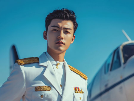 Confident and Serious Looking Young Asian Military Officer Stands in Front of a Commercial Airplane on the Runway Wearing a Crisp White Uniform and Displaying a Sense of Leadership and Authorityの素材