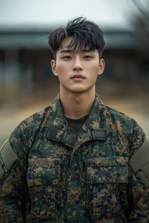 Focused and Serious Looking Korean Man in Camouflage Military Uniform Standing Guard in an Outdoor Field Conveying a Sense of Duty Discipline and Commitment to Protect and Defendの素材