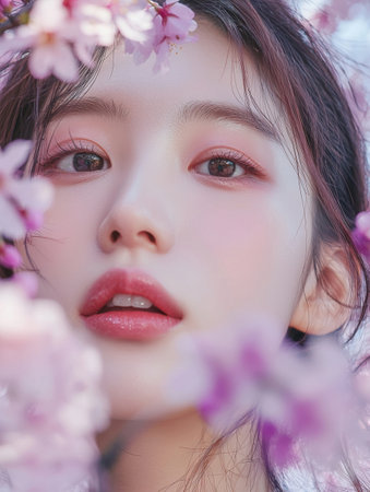 Soft and ethereal portrait of a radiant young Korean woman amid blooming spring flowers exuding a dreamy serene and captivating presenceの素材