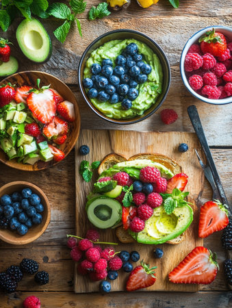 Overhead shot of a vibrant flat lay arrangement featuring a variety of fresh seasonal fruits and vegetables including berries greens and avocado on a rustic wooden table  This healthy nutritiousの素材