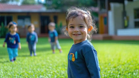 A group of cheerful and energetic children approximately 5 to 7 years old standing and playing together on a lush green lawn in a natural outdoor setting  The kids are smilingの素材
