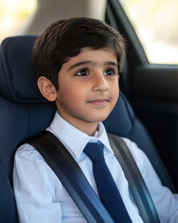 Portrait of a young school aged boy dressed in a formal white shirt and navy blue tie sitting in the backseat of a car on his way to school  He has a seriousの素材