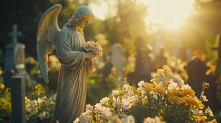 A serene and reverent stone angel statue standing in a cemetery garden bathed in warm glowing sunlight and surrounded by delicate flowers  The image evokes a sense of peace spiritualityの素材