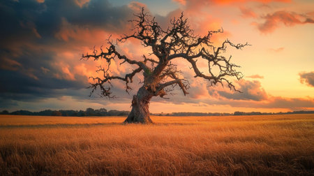 A majestic ancient oak tree stands alone in a vast golden meadow casting a dramatic silhouette against the fiery sky at sunset  The gnarled twisted branches reach up towards the moodyの素材