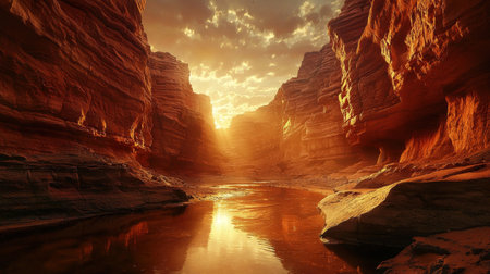 A dramatic golden sunset illuminates a hidden desert canyon with intricate rock formations steep cliffs and a serene river reflecting the sky s vibrant colorsの素材