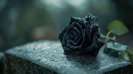 A solitary black rose lies on a gloomy textured surface with tiny dew droplets glistening on its petals  The image has a somber mysterious and haunting atmosphereの素材