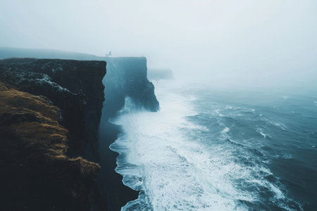 Dramatic and moody landscape of a rugged coastal cliff shrouded in a misty atmospheric fog creating a sense of mystery and isolation in the natural environmentの素材