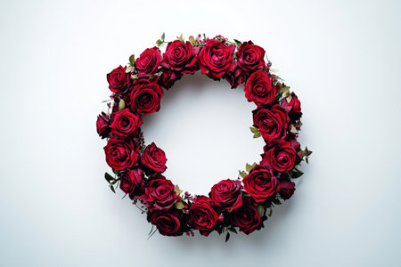 Elaborate wreath crafted entirely from deep red roses arranged in a circular design creating a lush romantic and visually striking focal point or backdropの素材