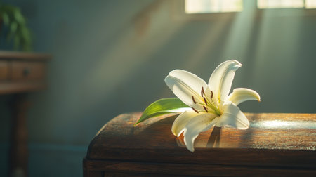 Elegant white lily flower in full bloom resting on a weathered wooden surface bathed in soft diffuse natural sunlight creating a serene and tranquil atmosphereの素材
