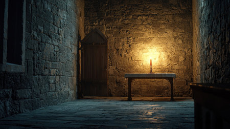 Quiet stone chapel with a soft warm glow illuminating the historic mysterious interior evoking a sense of solitude and contemplationの素材