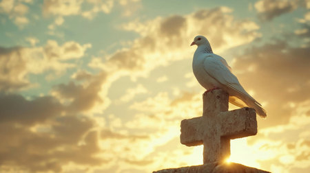 A lone white dove perched atop a simple wooden cross silhouetted against a warm glowing sky filled with dramatic clouds and atmospheric lighting during a peaceful sunsetの素材