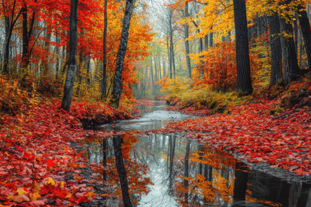 Vibrant autumn forest with a reflective stream meandering through the colorful foliage and trees  Peaceful and serene natural landscape scene in the fall seasonの素材