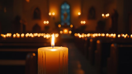 Serene and Peaceful Chapel Interior Filled with Glowing Candles Creating a Warm and Spiritual Atmosphere for Prayer Meditation and Devotional Contemplationの素材