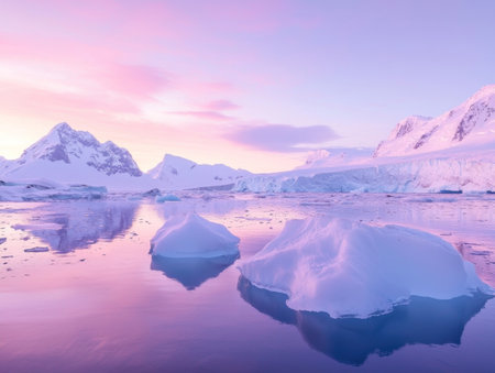 Serene Glacier Reflection at Sunset in Pristine Arctic Landscapeの素材