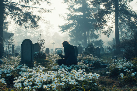Solitary figure kneeling in a misty fog shrouded graveyard surrounded by the tranquil presence of nature  A poignant moment of grief and contemplation amidst the serene landscapeの素材