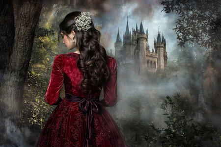 Elegant young redheaded woman in a vintage red dress posing gracefully in a lush floral garden setting with trees and blue sky in the backgroundの素材