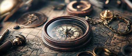 Antique Brass Compass Resting on a Weathered Surface Evoking a Sense of the Timeless Appeal of Navigation Toolsの素材