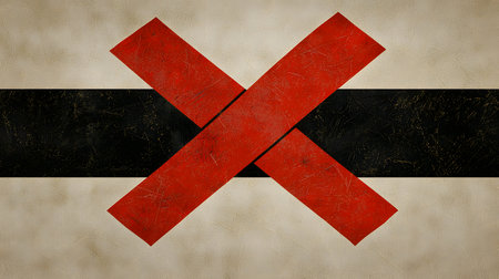 Minimalist abstract design featuring a bold high contrast graphic composition with red and black geometric shapes lines and an intersecting cross or X symbol  Simple cleanの素材