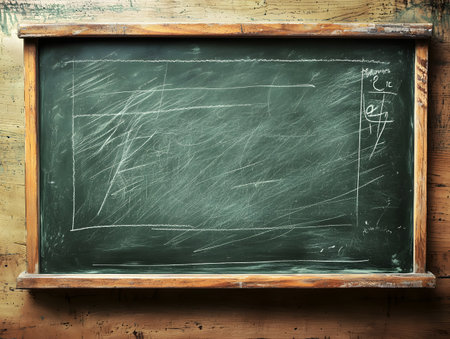 An old vintage style chalkboard with a blank wooden frame placed on a textured grunge wall  This image could be used as a background for educational academic or creative contentの素材