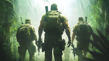 A group of highly trained elite special forces soldiers silently and stealthily advancing through the dense lush foliage of a tropical jungle on a covert military or combat training exerciseの素材