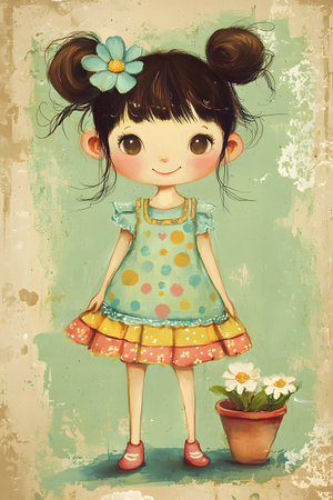 Cheerful and playful young girl with a sweet smile wearing a colorful polka dot dress holding a potted daisy flower in this whimsical and vintage inspired digital The charming character andの素材