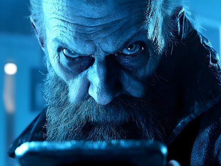 Close up portrait of an elderly man with a weathered pensive expression and intense gaze captured in dramatic cinematic lighting that creates a moody mysterious atmosphereの素材