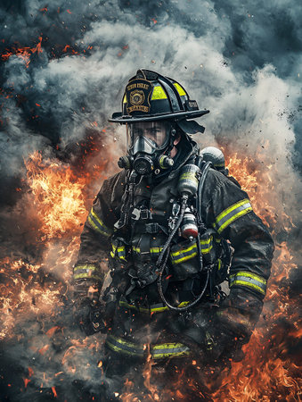 Courageous firefighter in protective gear and helmet braving intense flames and thick smoke to extinguish a raging fire and rescue those in danger  Demonstrating bravery quick thinkingの素材