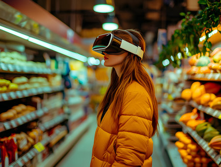 Woman shopping for groceries in a supermarket aisle wearing a virtual reality headset experiencing an immersive digital retail experience with futuristic technologyの素材
