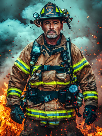 Courageous Firefighter in Full Protective Gear Battling Raging Flames and Thick Smoke at Intense Fire Emergency Scene  Firefighter s Bravery and Dedication to Rescue and Public Safety on Displayの素材