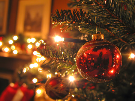 Beautifully decorated Christmas tree with sparkling red glass ornaments and twinkling lights creating a festive and cozy holiday atmosphere  Traditional Christmas decor for a warm and joyfulの素材