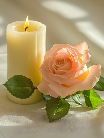 The soft glow of a flickering candle flame illuminates the velvety petals of a delicate pink rose creating a romantic tranquil atmosphere on a serene and peaceful backdropの素材