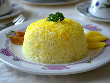 Aromatic and Flavorful Yellow Basmati Rice Dish with Fresh Parsley Garnish Served on a Decorative Ceramic Plate Capturing the Savory and Nourishing Qualities of this Classic Culinary Delightの素材