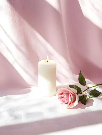Elegant pink rose resting next to a glowing white candle set against a soft dreamy background of light fabric  The image evokes a sense of romantic tranquility serenity and comfortの素材