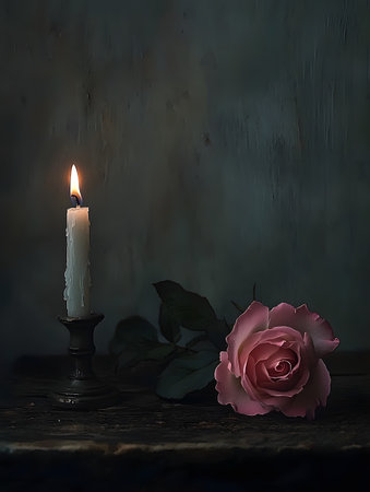 Moody Candlelit Rose   Atmospheric Still Life Photography Featuring a Single Pink Rose Flower with Soft Petals Illuminated by a Flickering Candle against a Dark and Dramatic Backgroundの素材