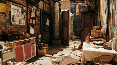 Abandoned and Cluttered Vintage Industrial Workshop Interior with Worn Tools Machinery and Debris Scattered Throughout the Messy and Disorganized Spaceの素材