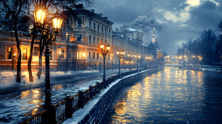 Captivating nighttime cityscape during the winter season featuring a snowy street lined with historic buildings illuminated lampposts and a tranquil river with shimmering reflections  The moodyの素材