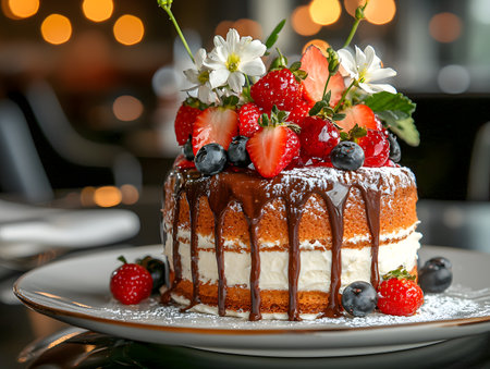Tantalizing homemade cake layered with chocolate cream and adorned with an abundance of ripe juicy strawberries and blueberries beautifully presented on a dining tableの素材