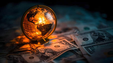 Glowing glass globe resting on a pile of US dollar bills symbolizing global financial growth international business opportunities economic investment and data driven decision makingの素材