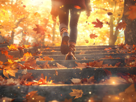 Autumn leaves and warm golden sunlight illuminating a peaceful scenic woodland path or steps  The vibrant fall foliage creates a serene and picturesque atmosphere perfect for hiking walkingの素材