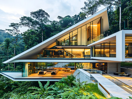 Stunning Eco Friendly Contemporary Home Surrounded by Lush Greenery and Tranquil Water with Minimalist Design Geometric Shapes and Seamless with the Natural Environmentの素材