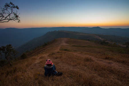 women see moutain evening timeの写真素材