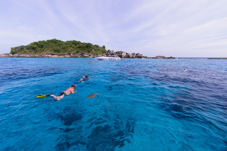 Snorkeling in turquoise water of Andaman Sea at Similan islands, Thailandのeditorial素材