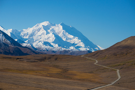 Mount McKinley's snowy peak with the park road and tundra in the foreground, Denali National Park, Alaska, US. Mount McKinley is the highest peak in North Americaの写真素材